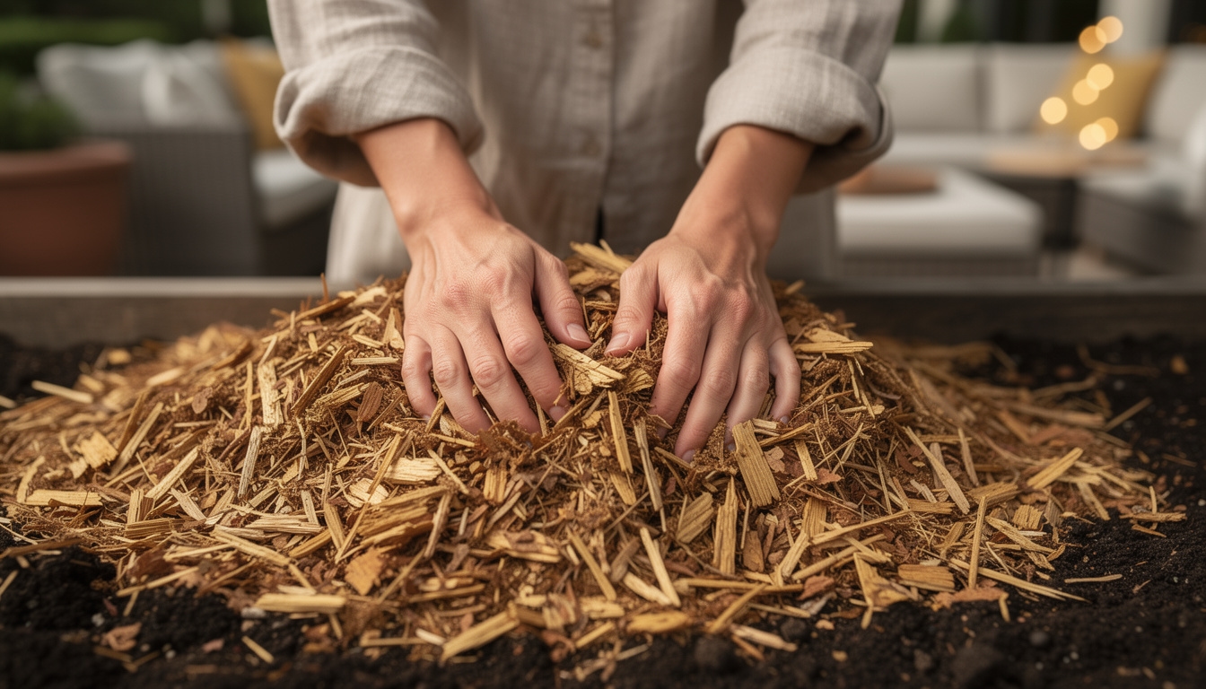 Mulchschicht auf Gartenbeet zur Bodenverbesserung