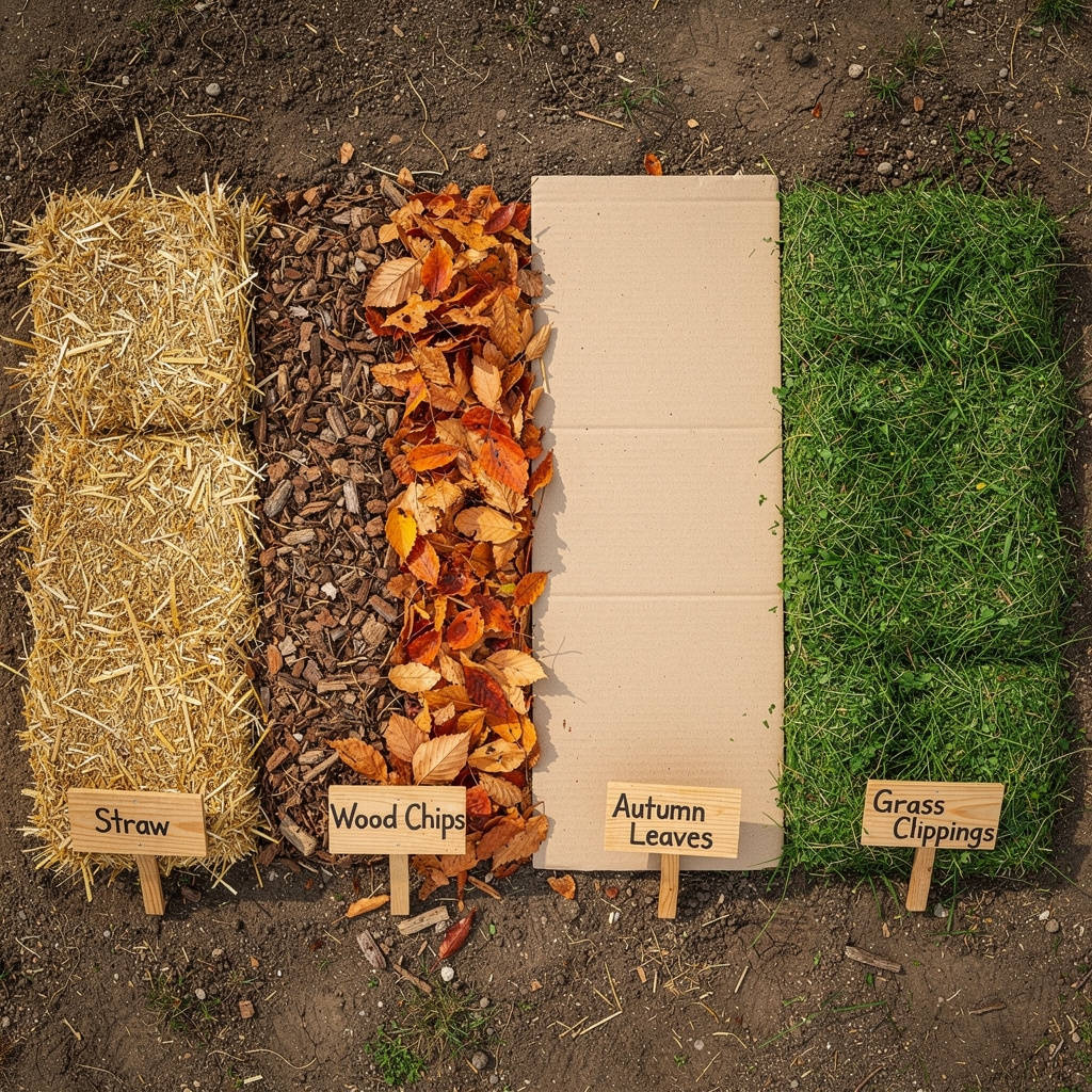 Verschiedene Mulchmaterialien auf Gartenbeeten