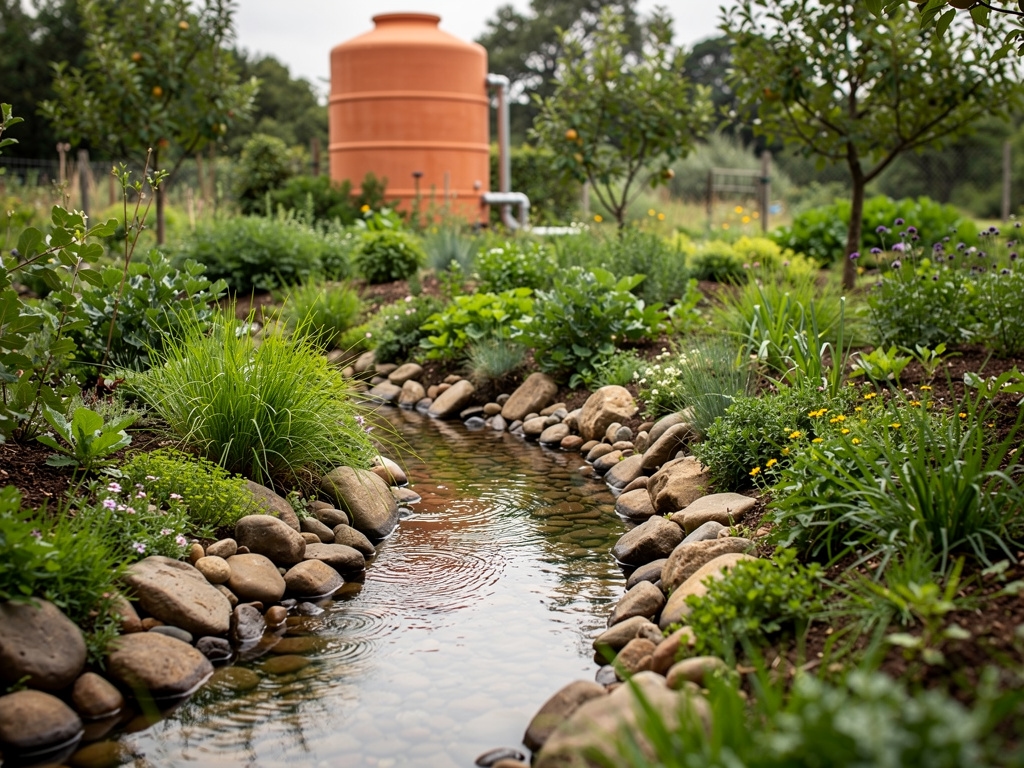 Regenwassersammlung mit Tonnen und Swales im Garten